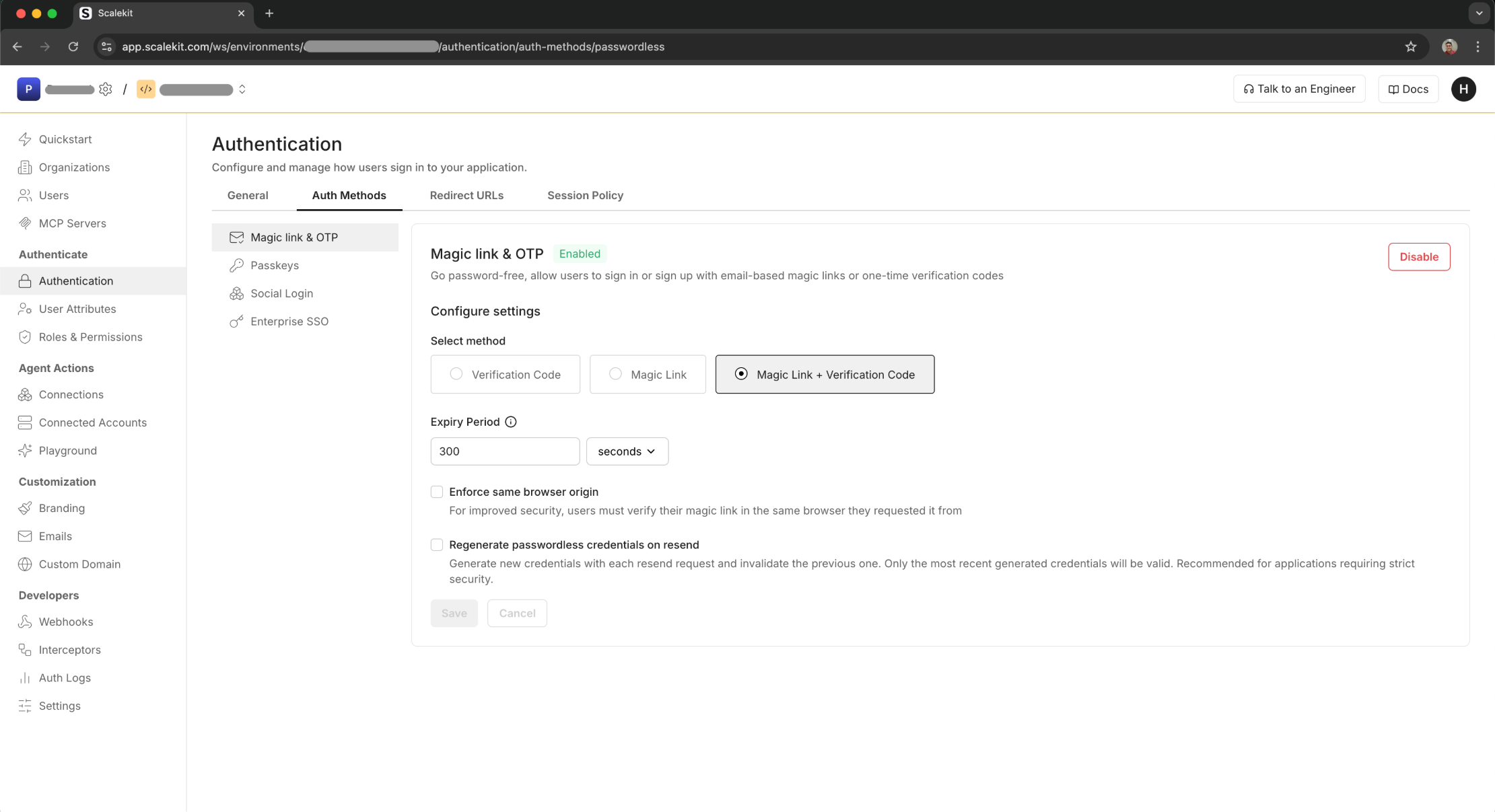 Scalekit dashboard Magic link & OTP settings showing the login method selection and expiry period fields