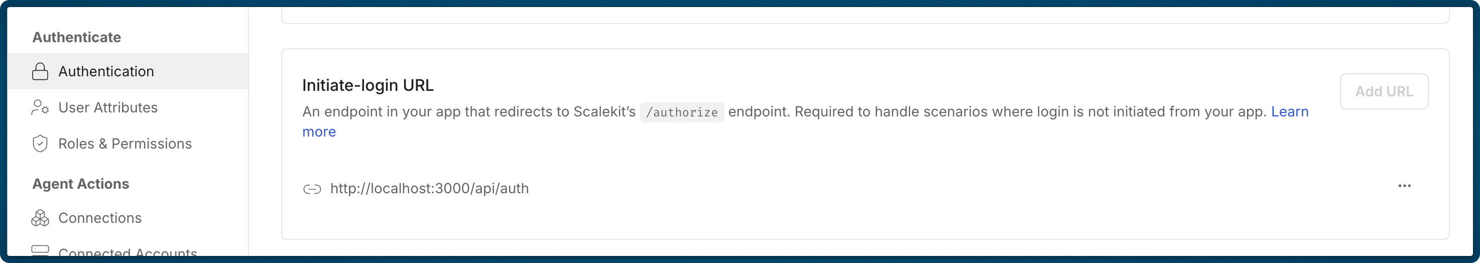 Scalekit Authentication settings showing the Initiate-login URL section with a registered endpoint and an Add URL button