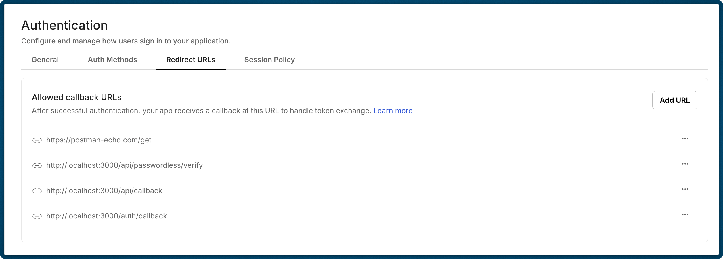 Scalekit Redirect URLs tab showing the Allowed callback URLs section with several registered callback endpoints and an Add URL button