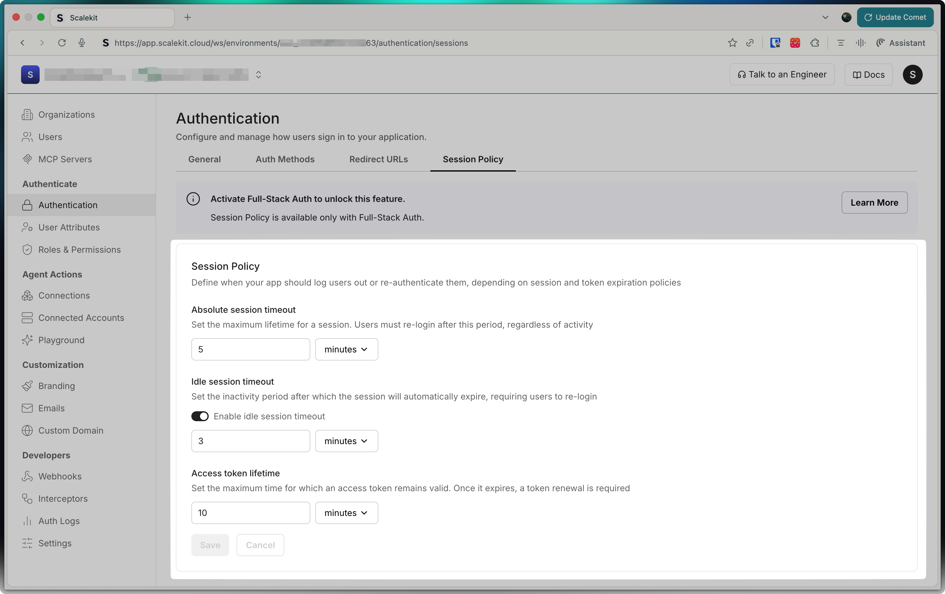 Scalekit Session Policy page with fields for absolute session timeout, idle session timeout, and access token lifetime
